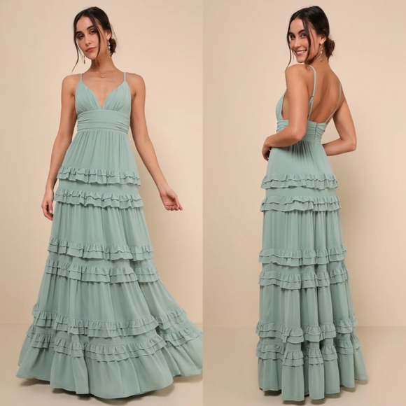 Lulus Lavish Perfection Sage Green Ruffled Tiered Maxi Dress L Wedding Party - Picture 1 of 9